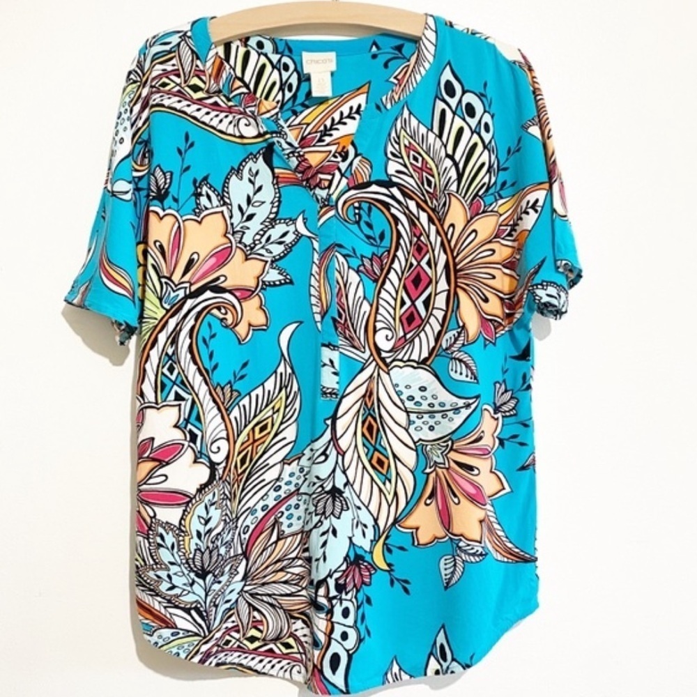Chico’s floral paisley print short sleeve v-neck flowy oversized blouse